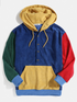 Mens Multi-Color Block Patchwork Button Corduroy Hoodies With Front Pocket