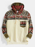 Mens Ethnic Print Patchwork Chest Pocket Drawstring Pullover Hoodie